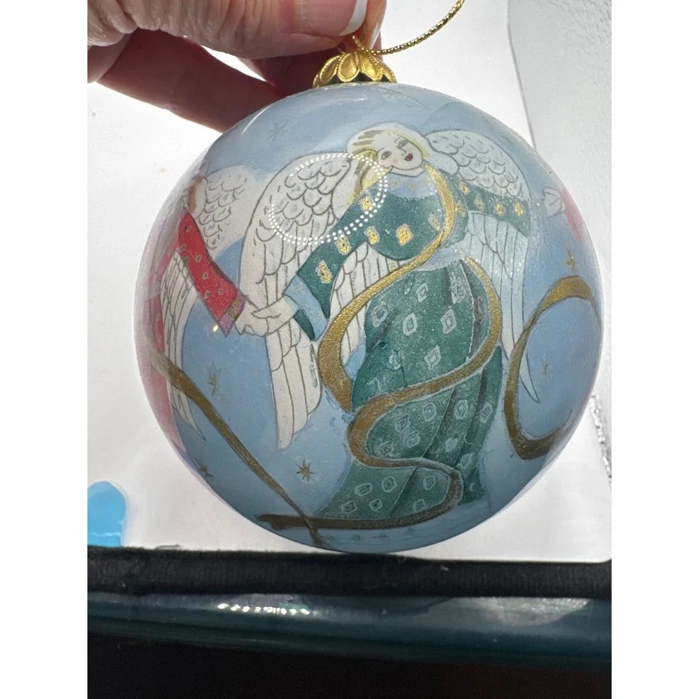 Pier 1 2001 Li Bien Christmas Ornament Hand Painted Glass Angels Blue Large Ball